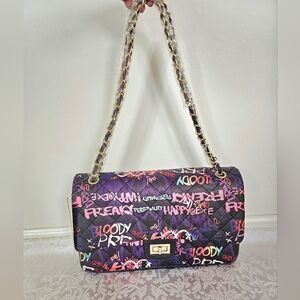 Vegan Purple Quilted Graffiti-Print Shoulder Bag- Read All
